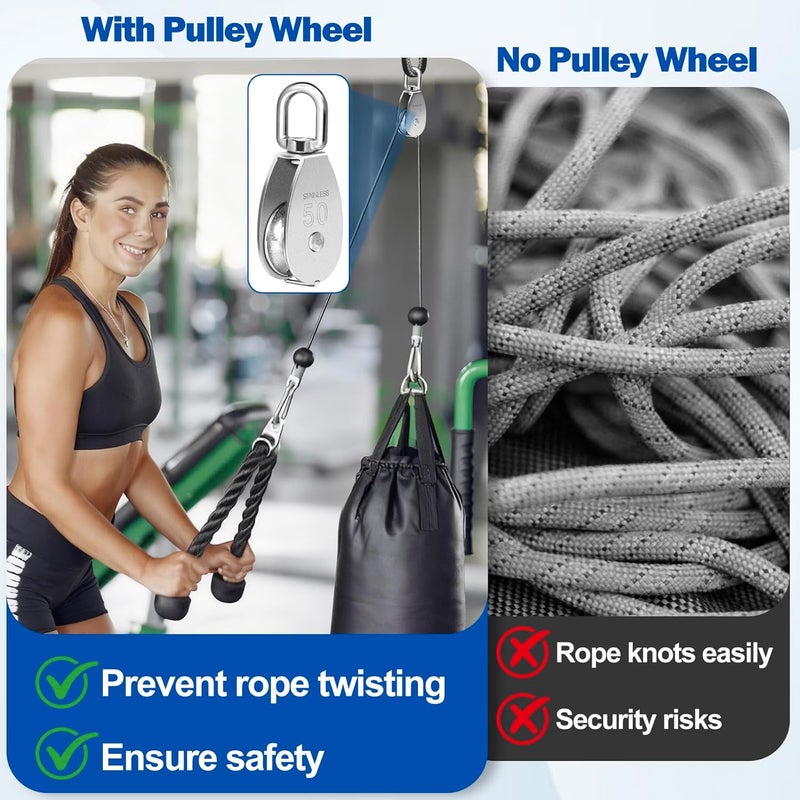 phepetroll Cable Pulley Wheel Stainless Steel, 4 Pack M50 Single Pulley Snatch Block, Heavy Duty Lifting Crane Swivel Hook, Bearing Inside Rope Pulleys for Lifting System Gym Equipment Clothesline, 800 lbs Load - Image 5